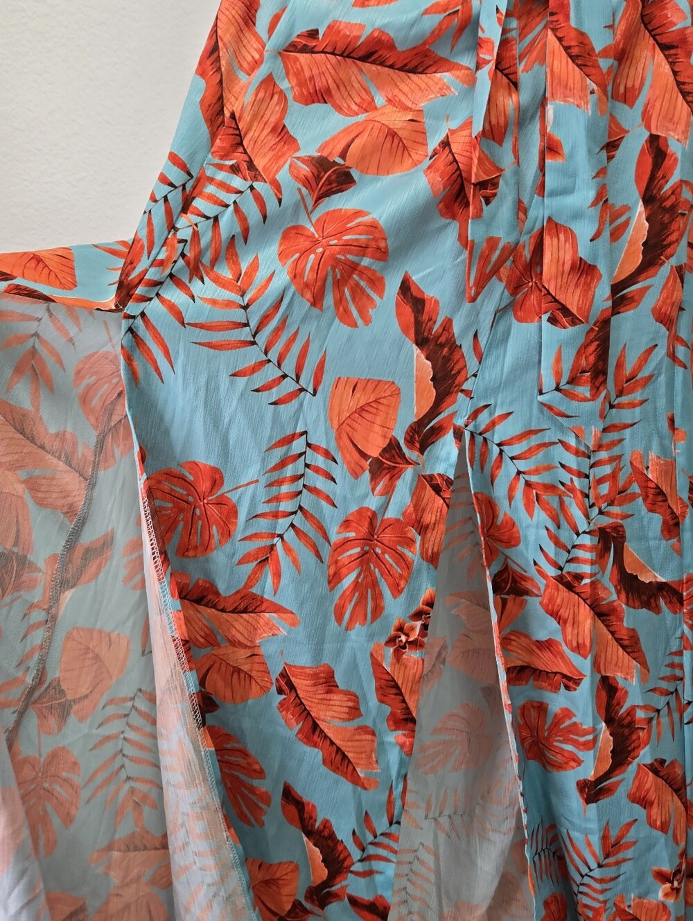 Blithe Blue Orange Leaf Print High Slit Maxi Dress Attached Shorts Romper Sz M - Picture 16 of 17